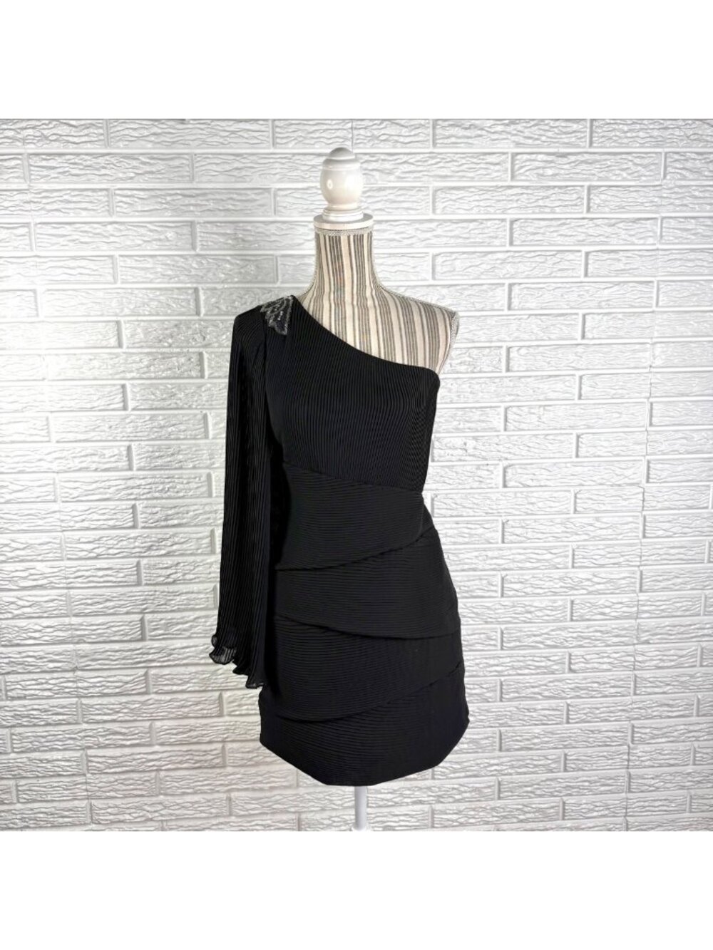 Lipsy London Pixie Lott Black Beaded One-Shoulder Pleated Mini Dress Size 10